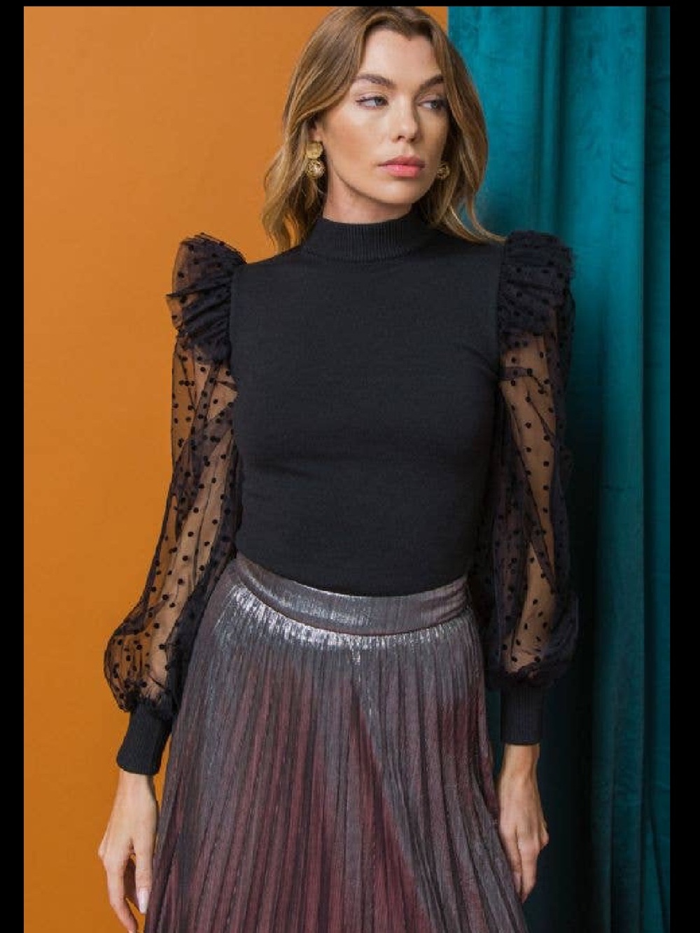 Flying Tomato Black Polka Dot Mesh Puff Sleeve Top ♥️♥️